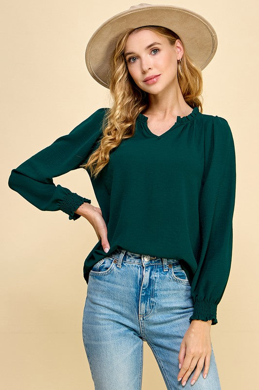 Solid Top with Ruffled V Neck Detail