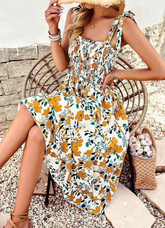 Tie Strap Smocked Midi Dress