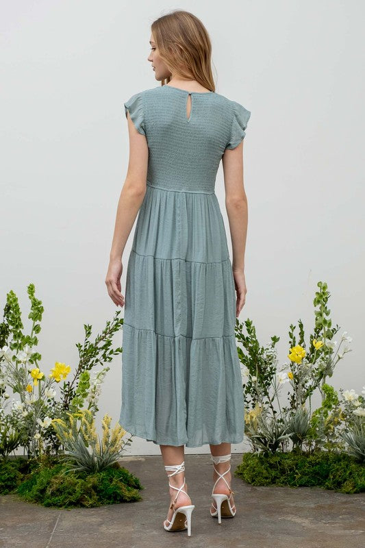 SMOCKED TIERED MIDI DRESS
