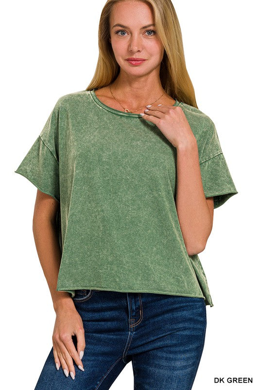 ACID WASH RAW EDGE SHORT SLEEVE CROP TOP