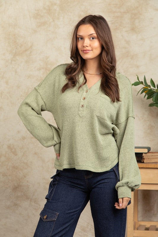 Button Down Hooded Oversized Comfy Knit Henley Top