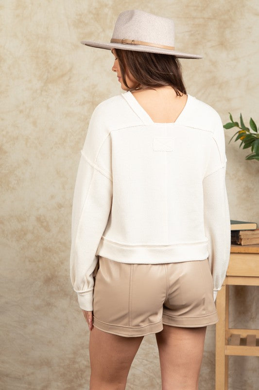 Raw Edge Detail Oversized Waffle Knit Top