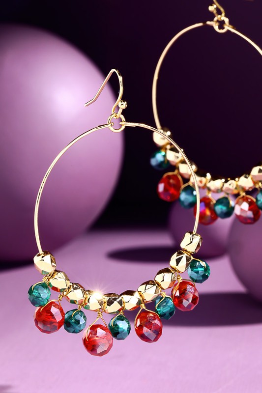 Circular Wire Hoop Earrings with Bead Accents