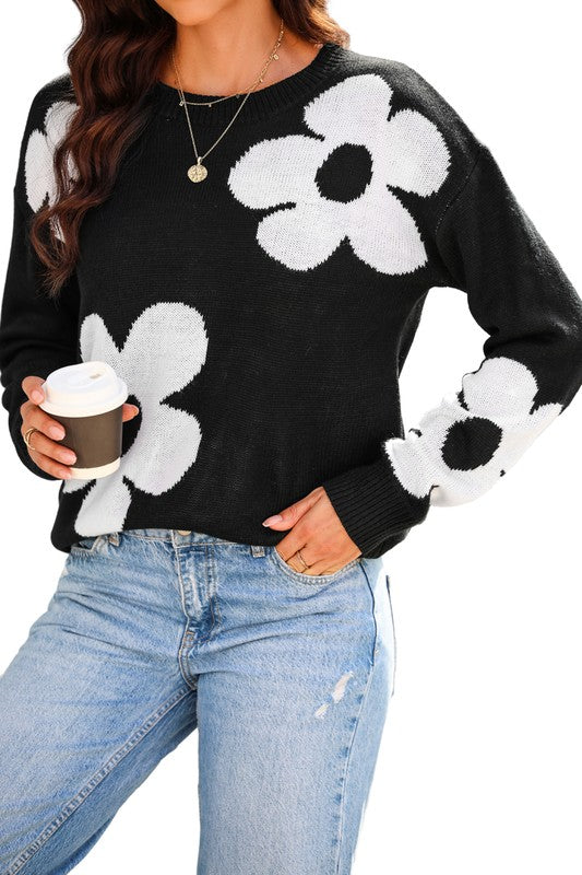 Big Flower Pattern Knit Sweater
