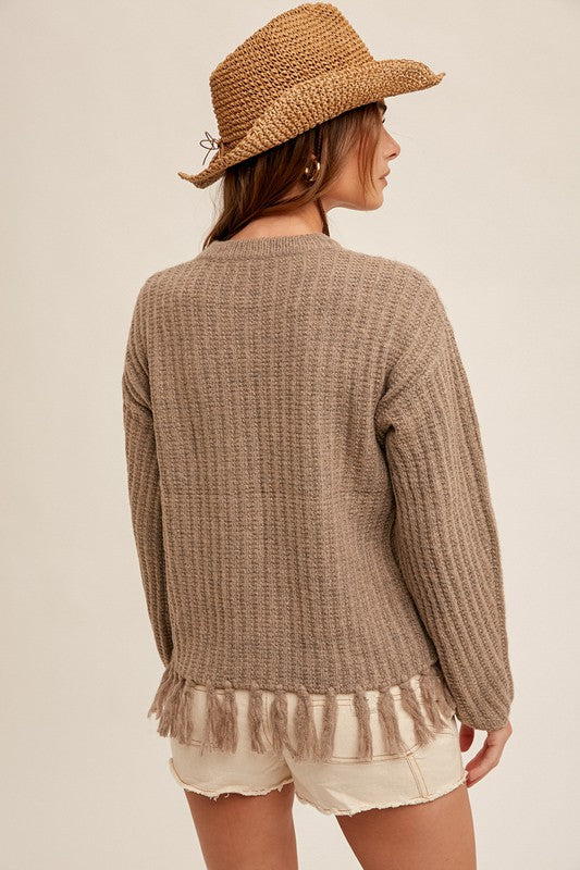 ROUND NECK FRINGE TRIMMED SWEATER