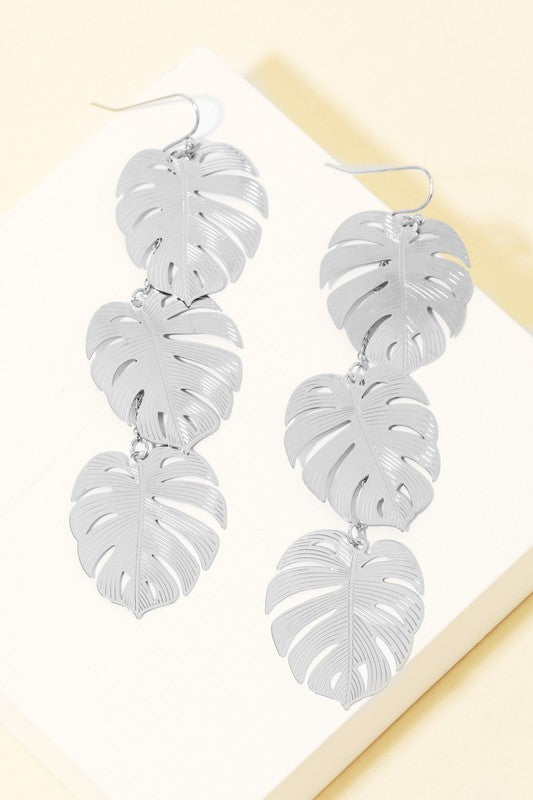 Triple Flat Metallic Monstera Chain Earrings
