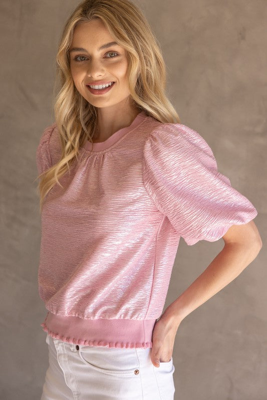 Foil Puff Sleeve Ruffle Rib Band Top