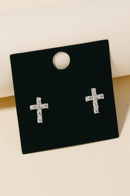 Dipped Cz Studded Cross Stud Earrings