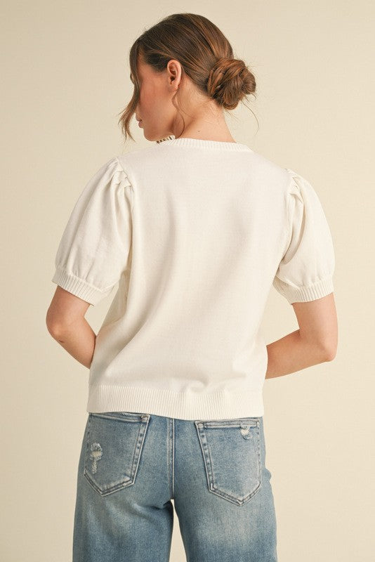 Palm Tree Print Knit Short Sleeves Top