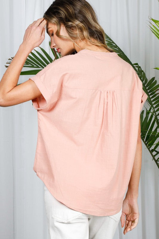 Roll-up Short Sleeve Button Shirt Top