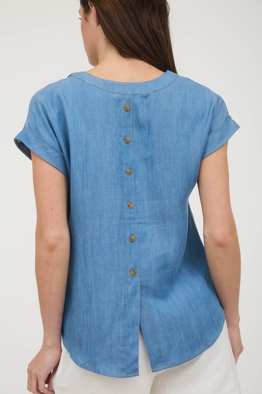 Front Split Back Button Cuff Sleeve Chambray Top