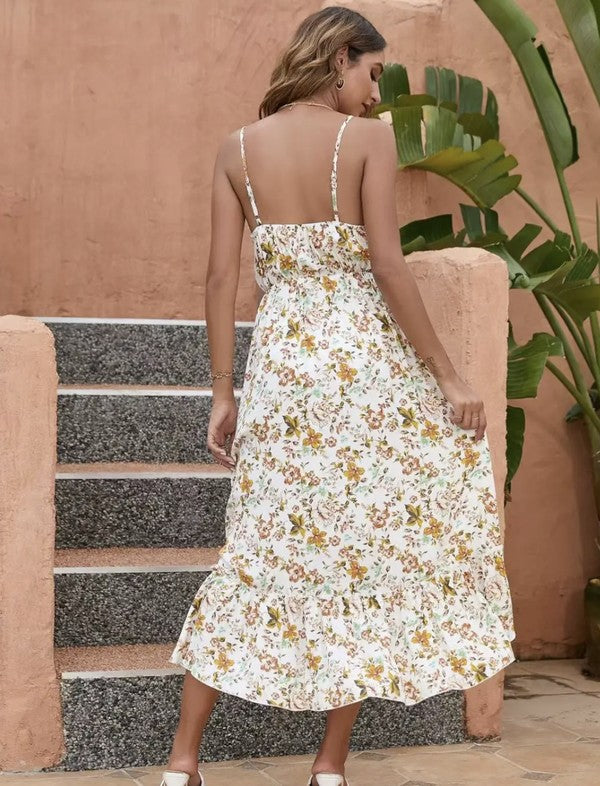 Elegant Floral Midi Dress With Adjustable Straps