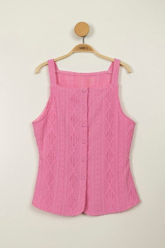 Textured Sleeveless Button Down Tank