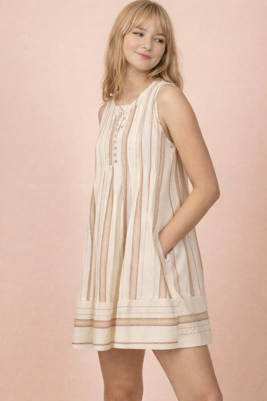 Striped Pintuck Detail Woven Mini Dress