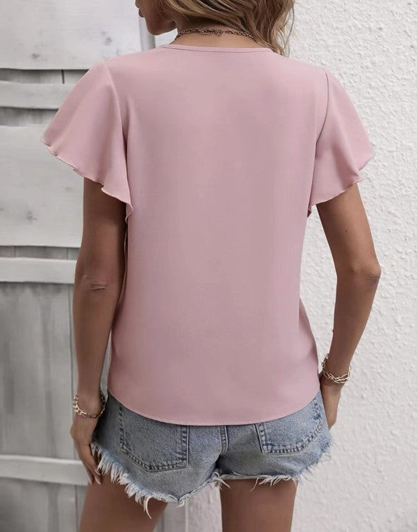 V-neck Ruffle Short Sleeve Top - Pink