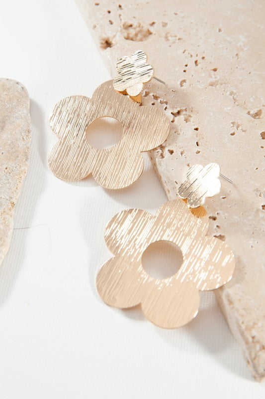 Double Flower Drop Earrings - Gold