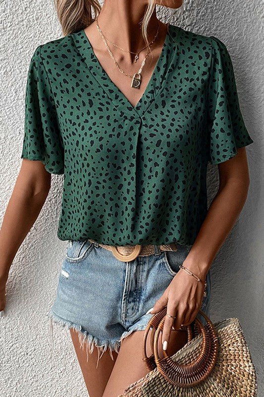 V Neck Leopard Print Short Sleeve T Shirt - Green