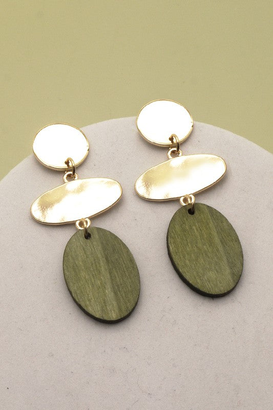 Green Geo Metal/Wood Drop Earrings