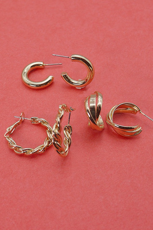 Twisted Trio Hoop Earrings - Gold