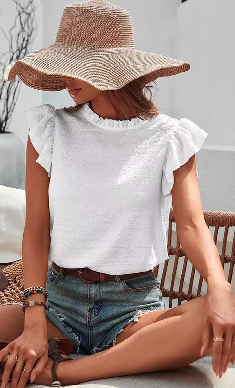 White Mock Neck Ruffle Sleeve Blouse