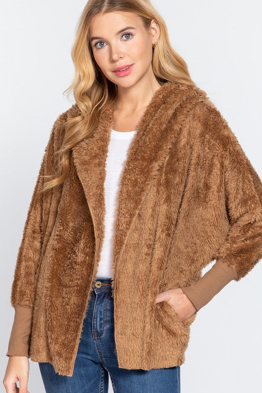 LONG SLEEVE HOODIE OVERSIZED FAUX FUR OPEN JACKET