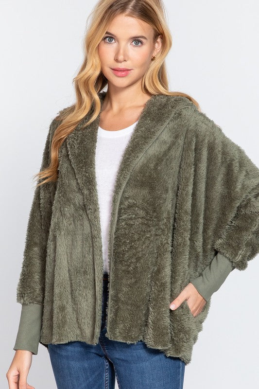 LONG SLEEVE HOODIE OVERSIZED FAUX FUR OPEN JACKET