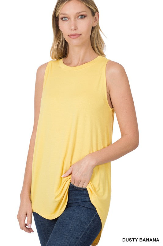LUXE RAYON SLEEVELESS ROUND NECK HI-LOW HEM TOP