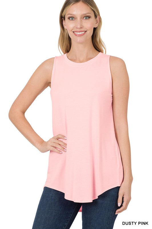 LUXE RAYON SLEEVELESS ROUND NECK HI-LOW HEM TOP