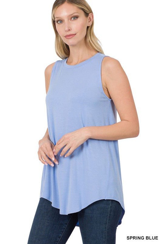LUXE RAYON SLEEVELESS ROUND NECK HI-LOW HEM TOP