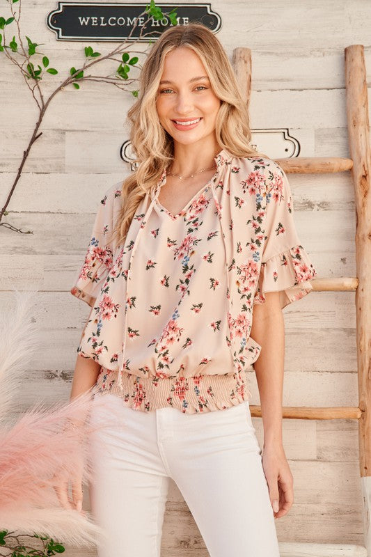 Smocked waist short sleeve top
