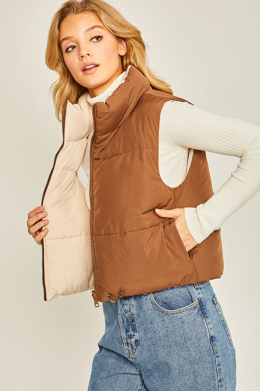 Woven Solid Reversible Puff Vest