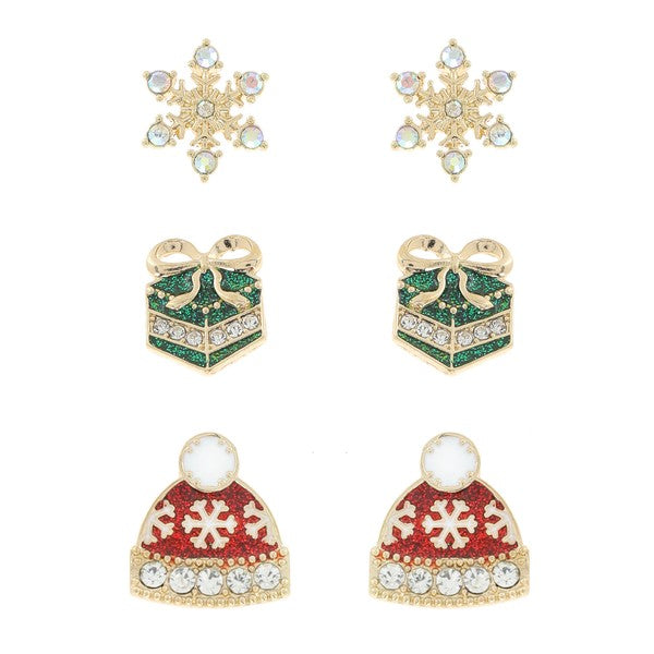 3-PAIR CHRISTMAS THEMED ENAMEL COATED EARRING SET