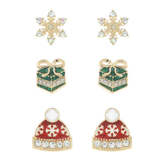 3-PAIR CHRISTMAS THEMED ENAMEL COATED EARRING SET