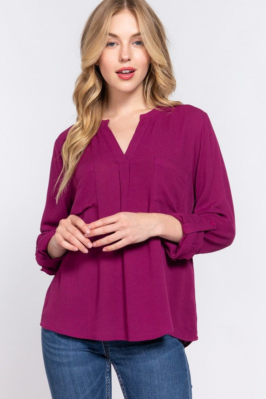 LONG SLV ROUND OPEN NECK w/POCKET WOVEN TOP