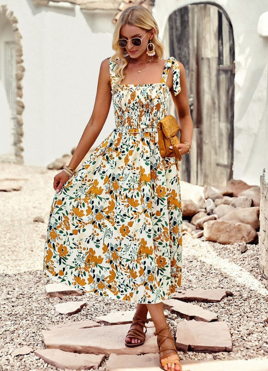 Tie Strap Smocked Midi Dress