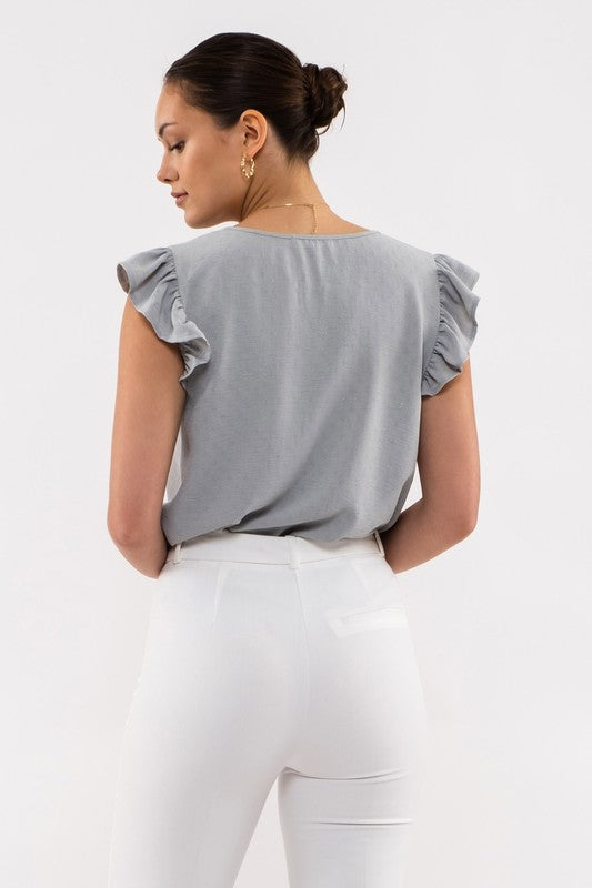 SPLIT NECK RUFFLE SLEEVE TOP