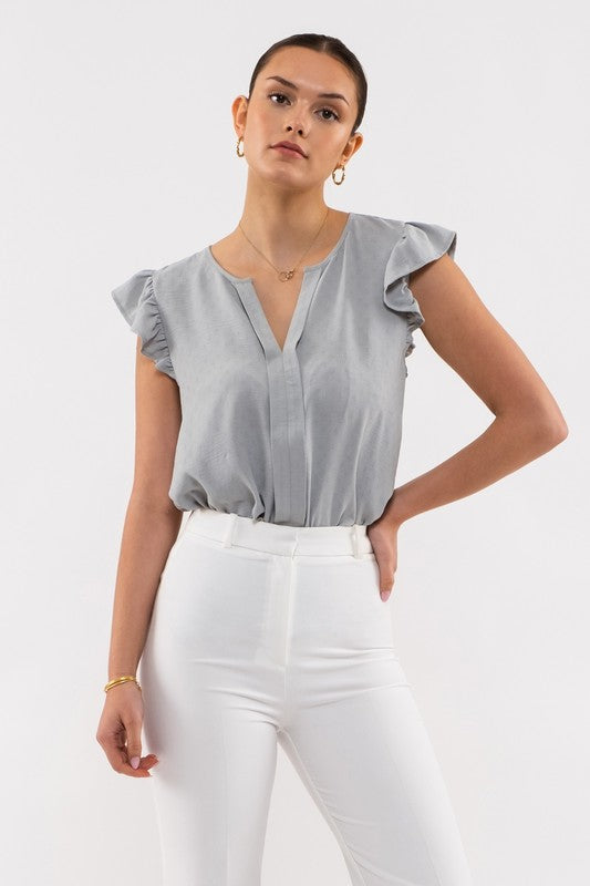 SPLIT NECK RUFFLE SLEEVE TOP