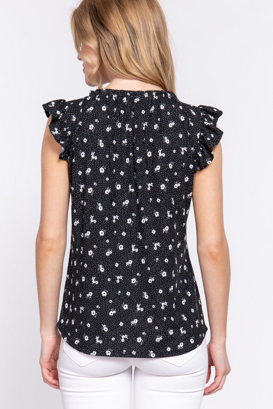SLEEVELESS RUFFLE DETAIL ROUND NECK FLORAL PRINT