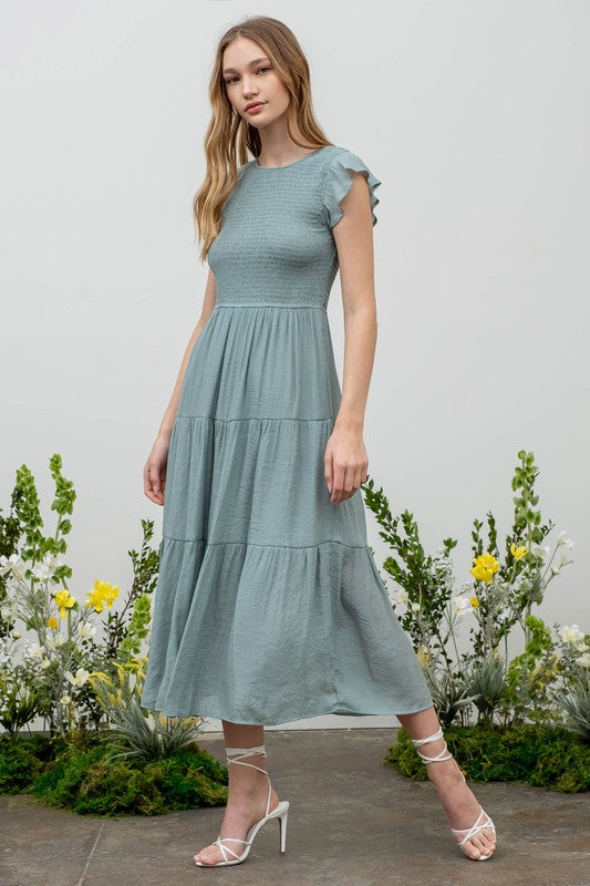 SMOCKED TIERED MIDI DRESS