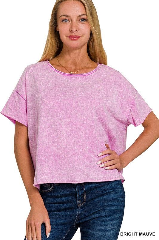 ACID WASH RAW EDGE SHORT SLEEVE CROP TOP