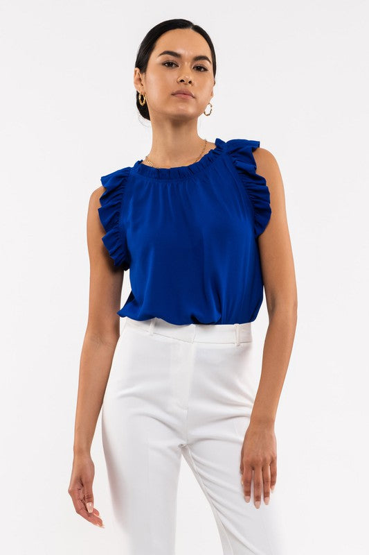 FOLDED RUFFLE SLEEVELESS WOVEN TOP