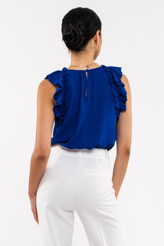 FOLDED RUFFLE SLEEVELESS WOVEN TOP
