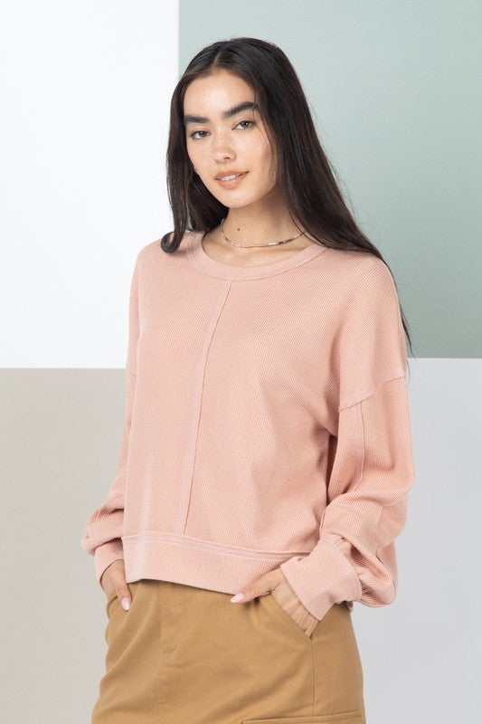 Raw Edge Detail Oversized Waffle Knit Top