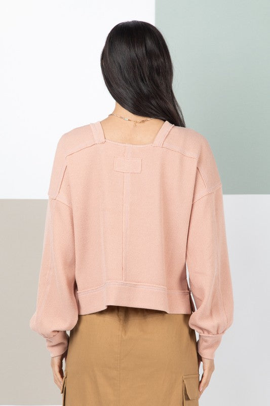 Raw Edge Detail Oversized Waffle Knit Top