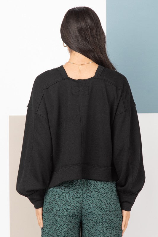 Raw Edge Detail Oversized Waffle Knit Top