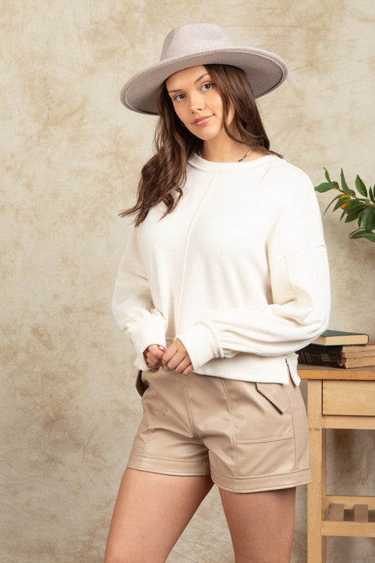Raw Edge Detail Oversized Waffle Knit Top