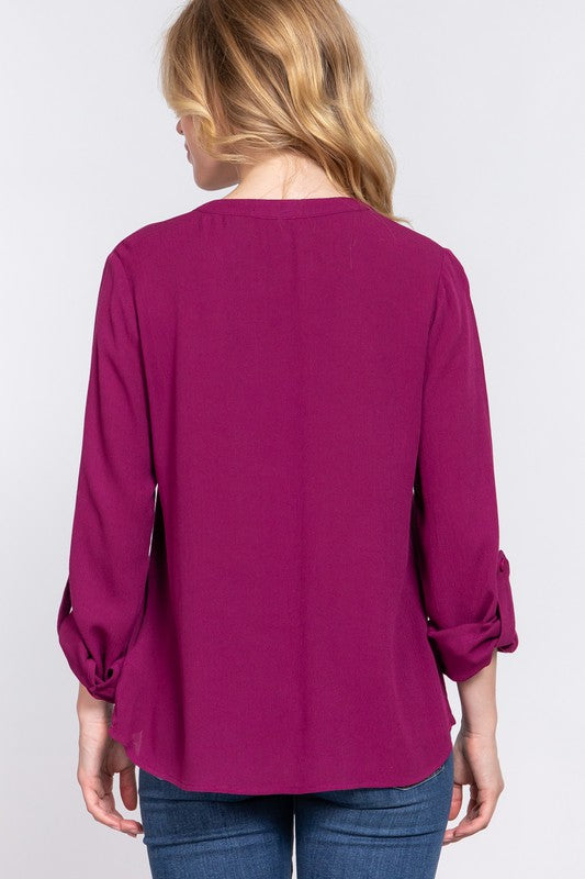 LONG SLV ROUND OPEN NECK w/POCKET WOVEN TOP