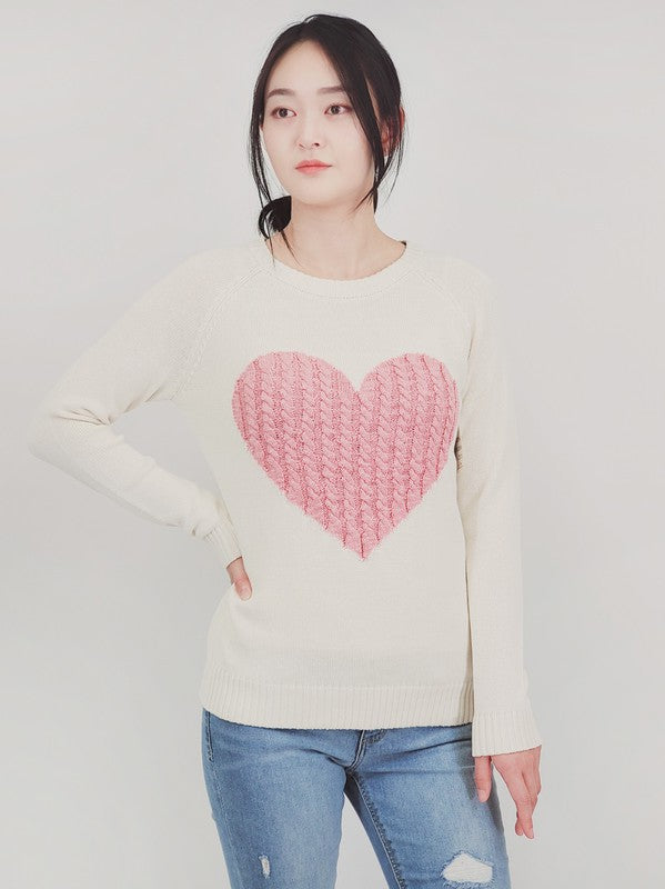 Love Heart Jacquard Round Neck Pullover Sweater