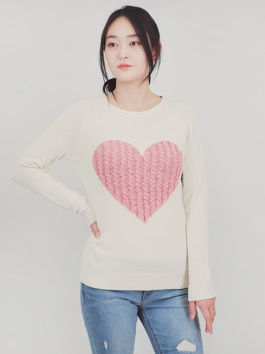 Love Heart Jacquard Round Neck Pullover Sweater