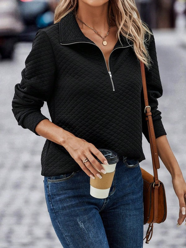 Solid Half Zip Long Sleeve V Neck Sweatshirt